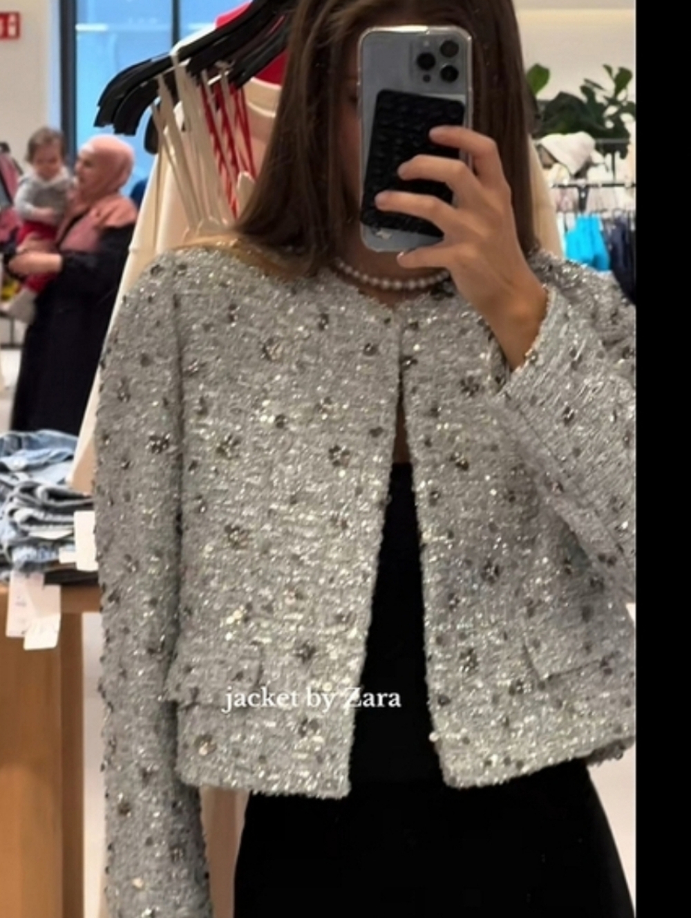 Zara tweed textured sequined blazer  silver gray size XL - Picture 6 of 14